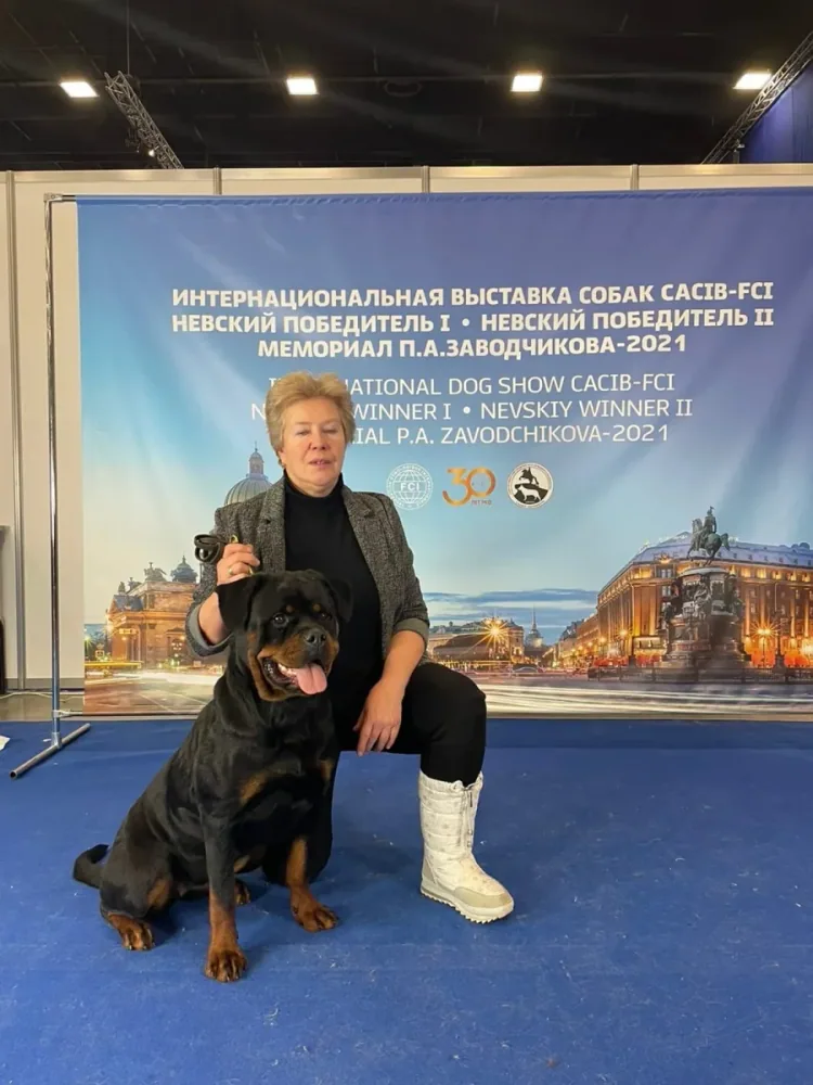Женщина с ротвейлером на выставке